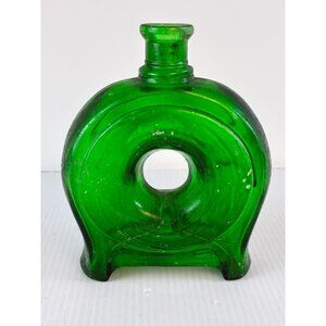 Vtg Emerald Green Glass Ring Donut Bottle Hole Center Empoli Style Decor Bubbles
